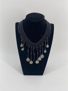 Vintage‎ Boho Coin Necklace Black Beaded Fringe Tribal Gypsy Statement Bib